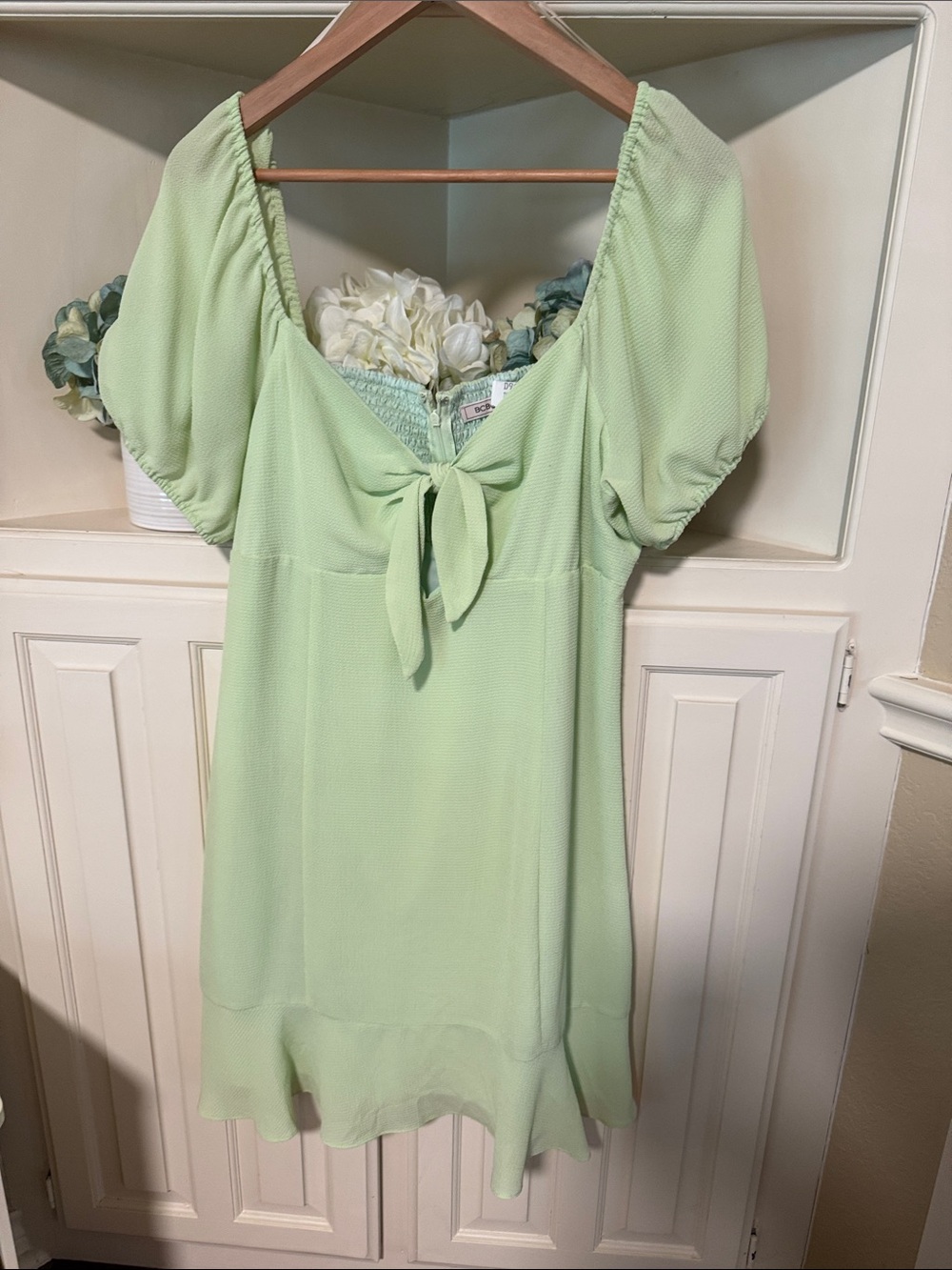 BCBGeneration Mint Green Tie-Front Smocked Neck Dress